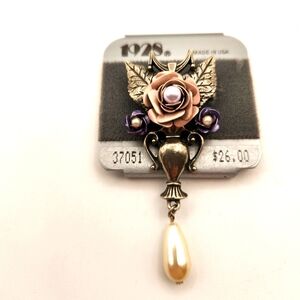 1928 Jewelry Co. Vtg Violet Colored Roses Faux Pearl Dangle Brooch New on Card